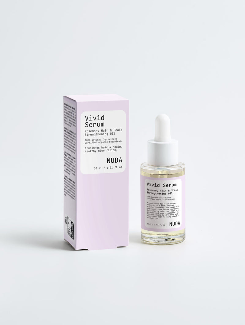 NUDA Vivid Serum rosemary oil with its carton, showing certification stated on the pack rather than vague natural claims