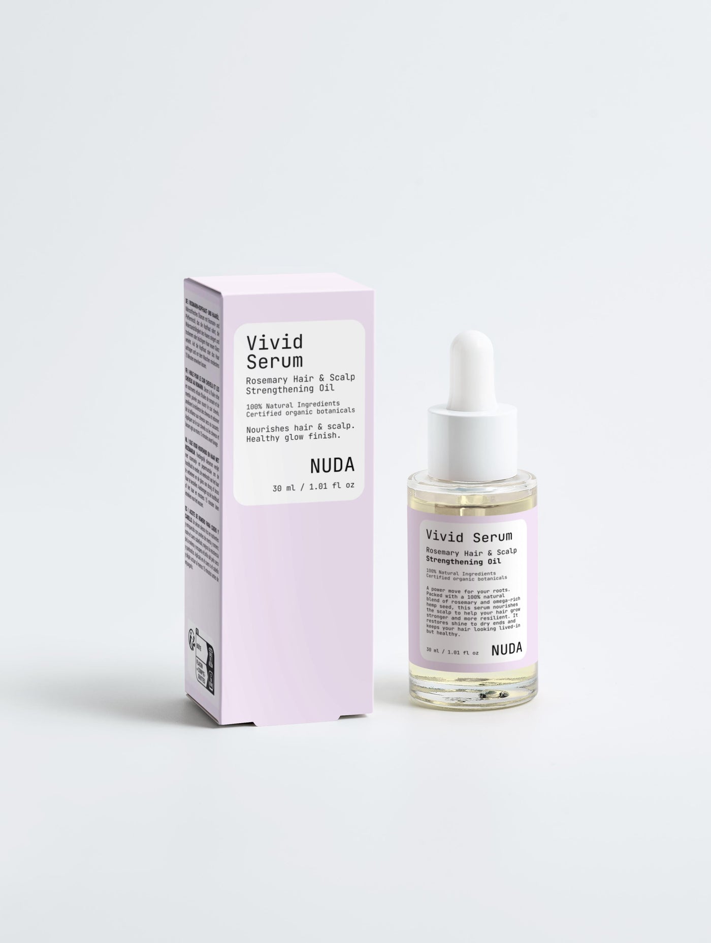 NUDA Vivid Serum rosemary hair oil with its carton, carrying COSMOS Organic certification