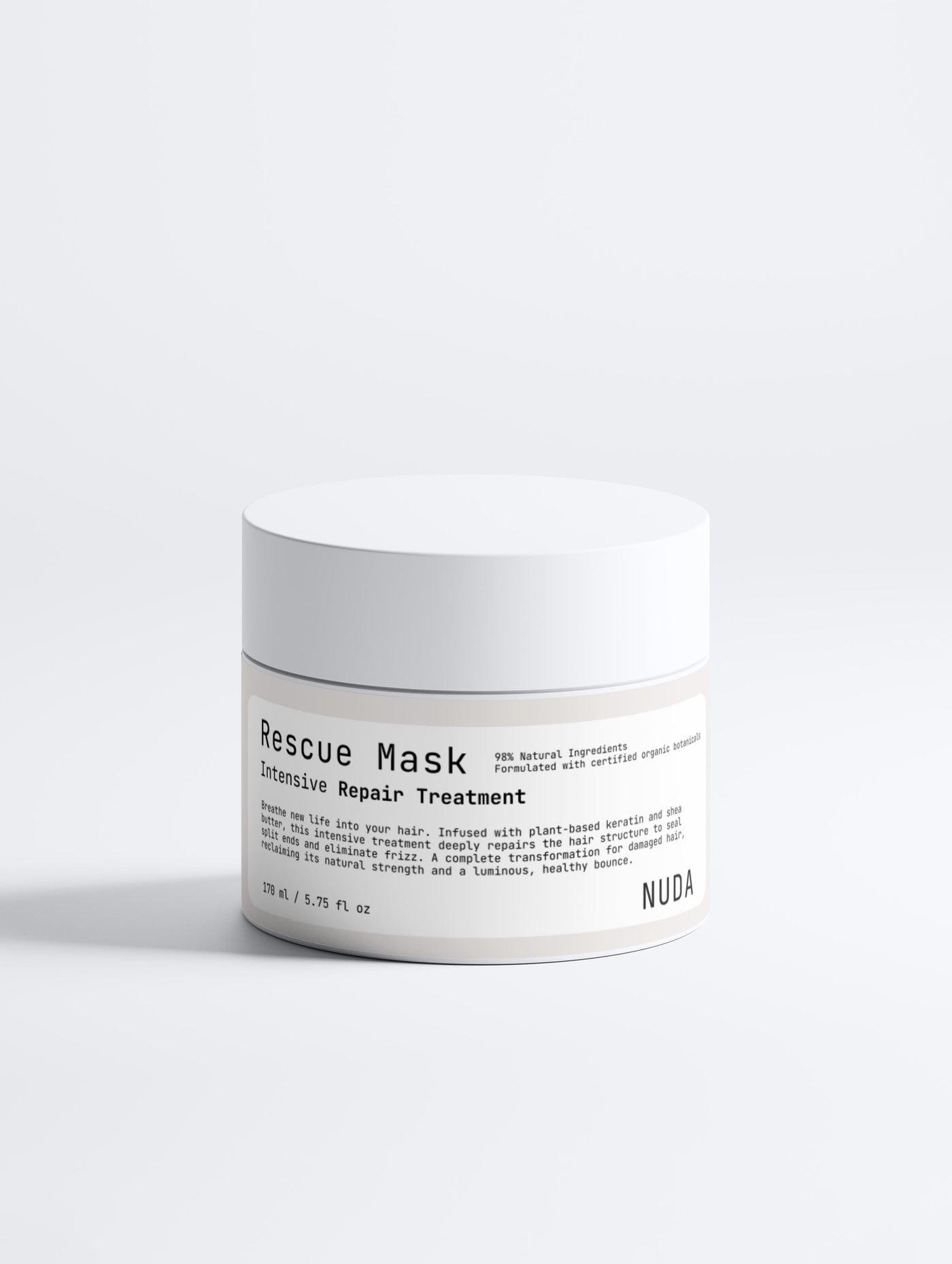 NUDA Rescue Mask intensive repair treatment jar, certified under the COSMOS standard
