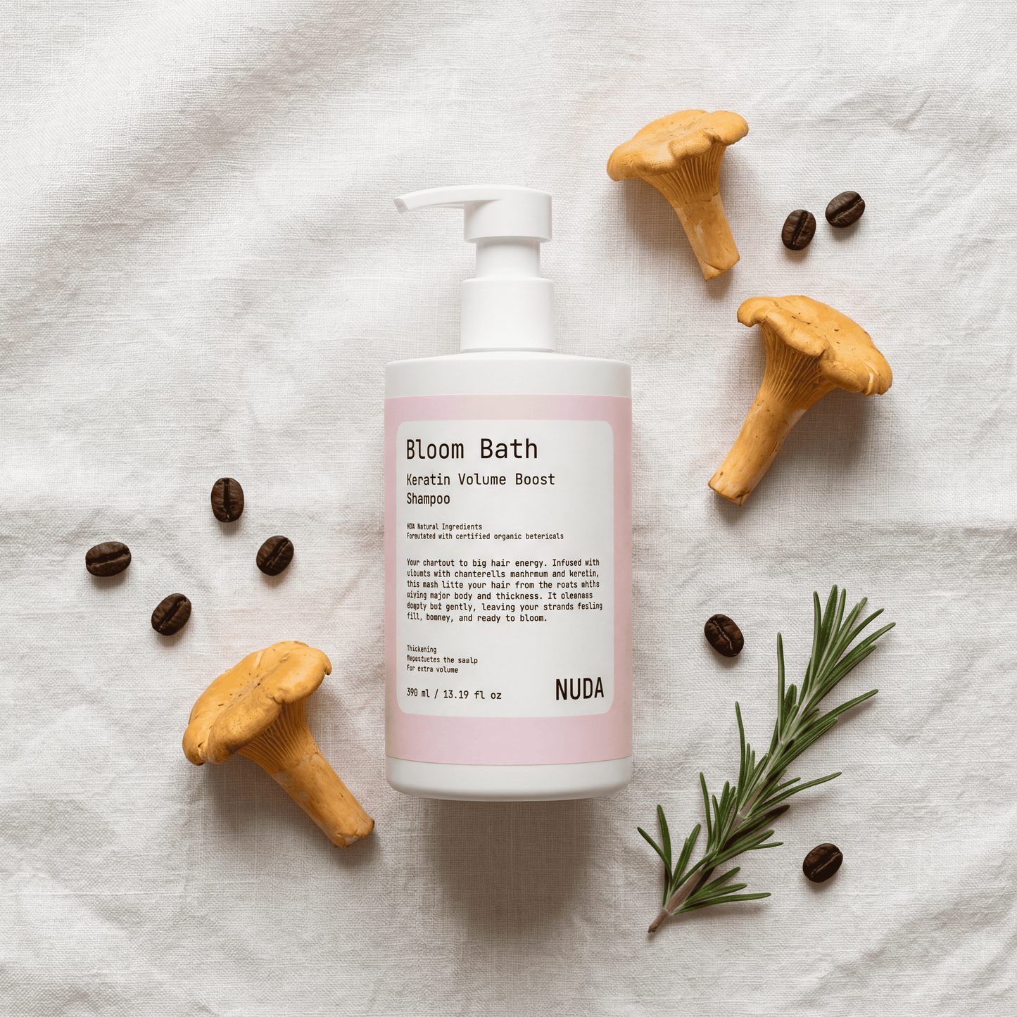 BLOOM BATH bottle detail – caffeine and rosemary oil volumizing formula
