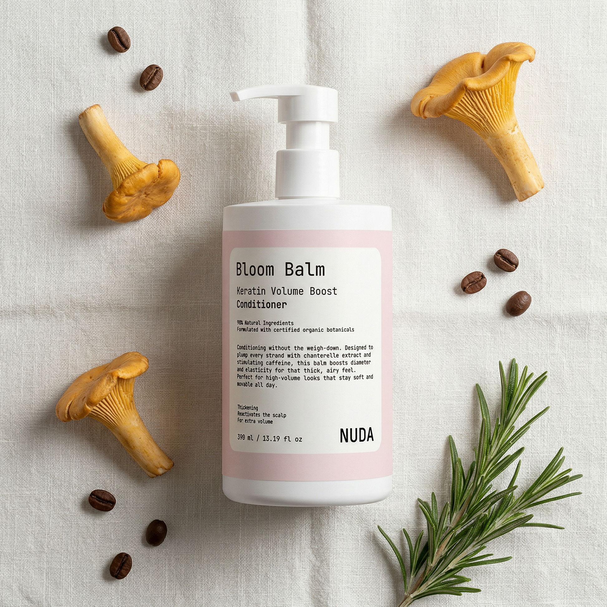 BLOOM BALM bottle detail – caffeine and keratin volumizing conditioner