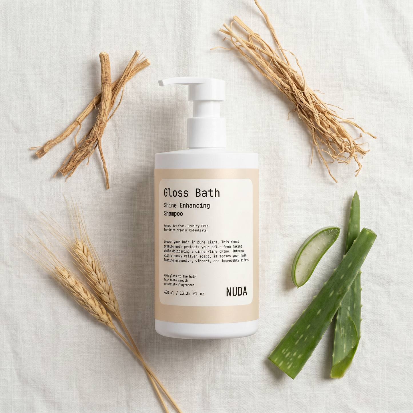 GLOSS BATH bottle detail – wheat protein and betaine shampoo formula